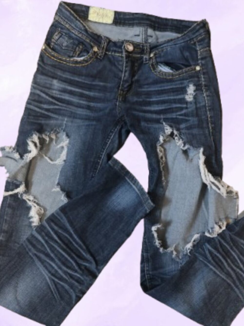 Machine Jeans dark wash heavily ripped distressed denim skinny jeans whiskering